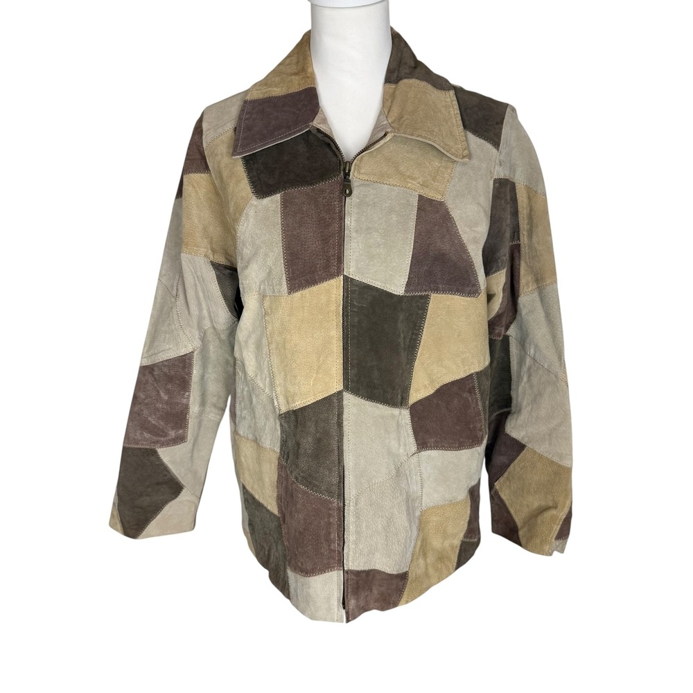 Vintage Womens Leather Patchwork‎ Jacket Brown Tan Full Zip Suede Small Leather